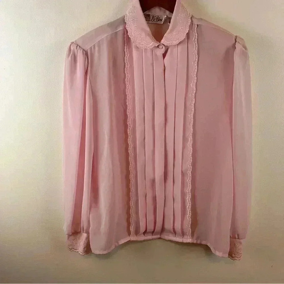 VTG 80s Sz. 8 Sheer Puff-Sleeve Pink Pleated Front Dainty Cottagecore Blouse - Picture 1 of 7